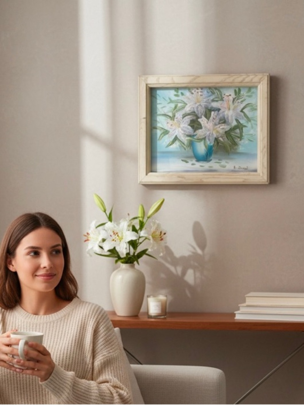 Framed Floral Painting with White Lilies and Blue Vase signed K dossi